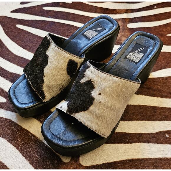 Vintage Charles Jourdan Animal Hide Fur Clog Wooden Mule Platform Sz 9 - Picture 1 of 7